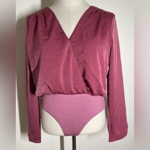 Lulus | Dusty Rose Satin Body Suit | Pleated V Neck | Long Sleeve